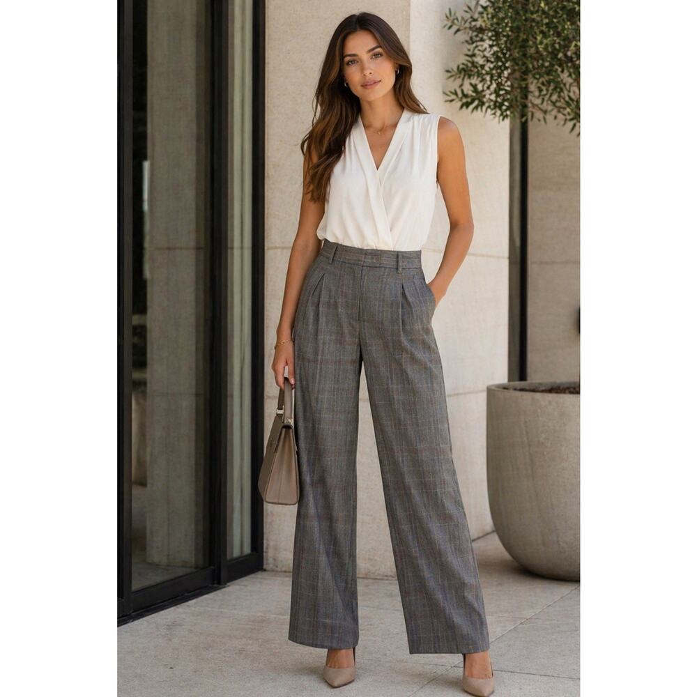 Y2K 00s Preppy Old money Dark Academia Wide Leg Trousers Gray Plaid Small Tall